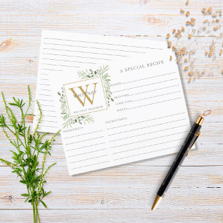 Gold Monogram Watercolor Greenery Recipe Sheet