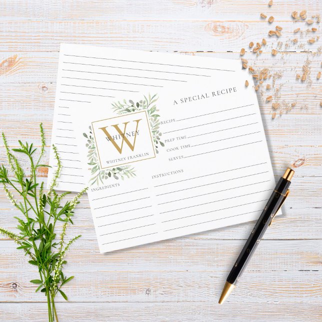 Gold Monogram Watercolor Greenery Recipe Sheet (Creator Uploaded)