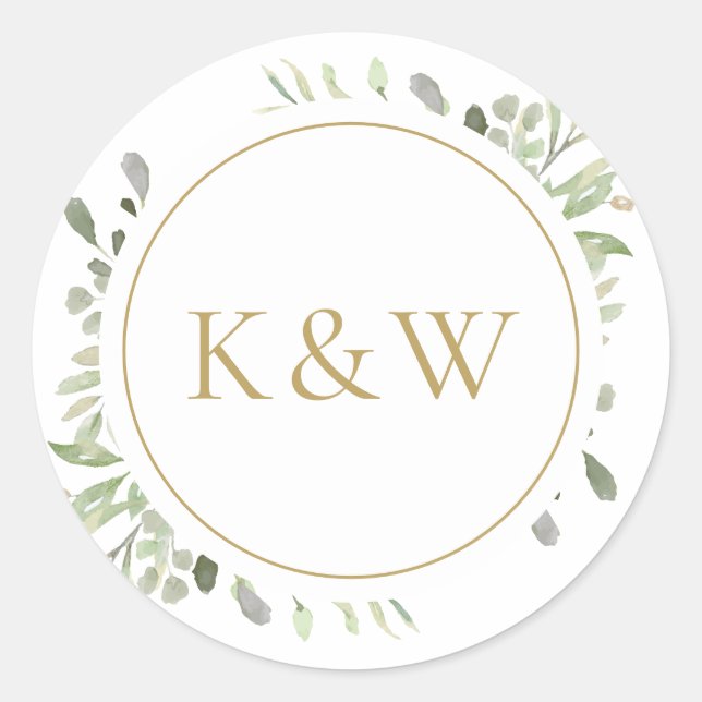 Gold Monogram Watercolor Greenery Wedding Classic Round Sticker (Front)