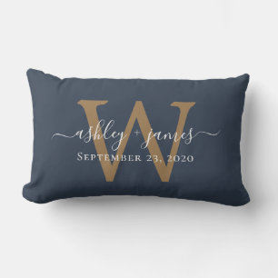 Gold Monogram Wedding Date Dark Blue Lumbar Cushion