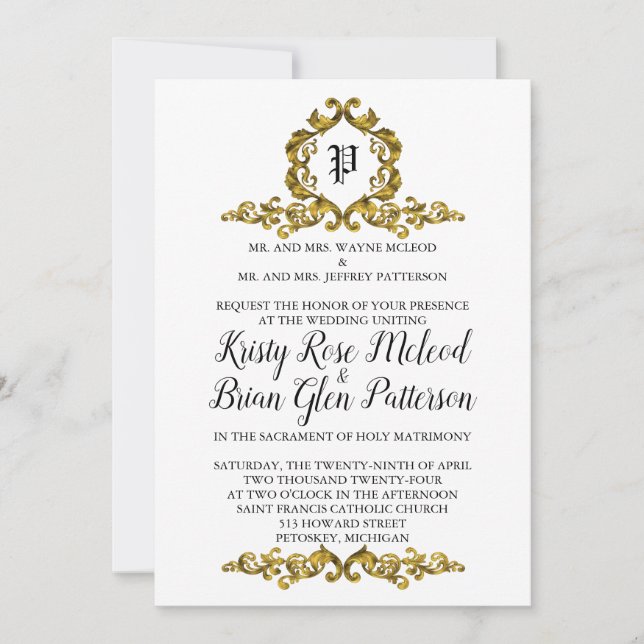 Gold Monogram Wedding Invitation (Front)