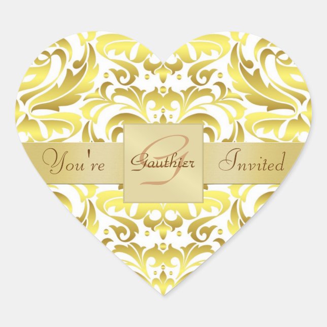 Gold Monogram White Damask Heart Sticker (Front)