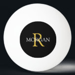 Gold Monogram & White Name on Black Ping Pong Ball<br><div class="desc">Personalise gold monogram and white name on black circle.</div>