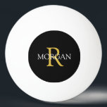 Gold Monogram & White Name on Black Ping Pong Ball<br><div class="desc">Personalise gold monogram and white name on black circle.</div>