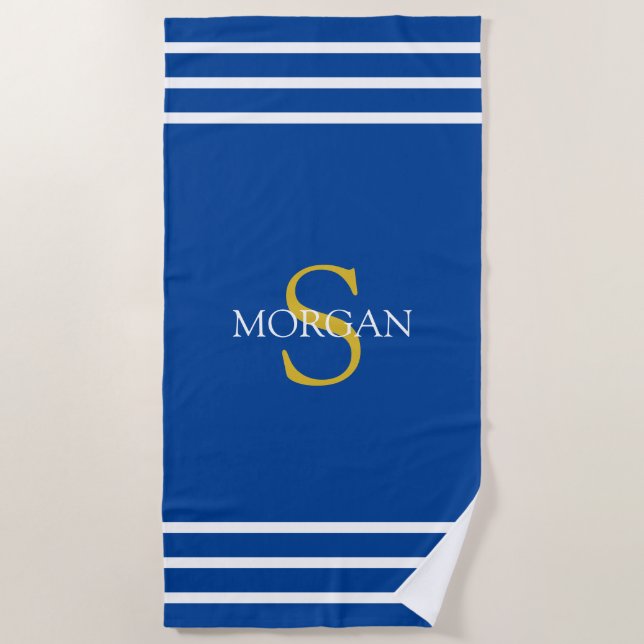 Gold Monogram & White Name, White Stripes, Dp Blue Beach Towel (Front)