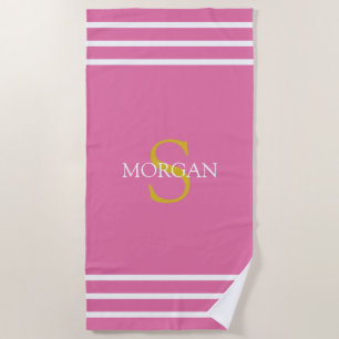 Gold Monogram/White Name White Stripes, Pink Beach Towel