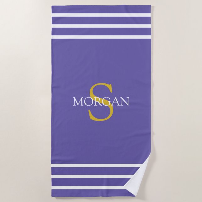 Gold Monogram/White Name White Stripes, Purple Beach Towel (Front)