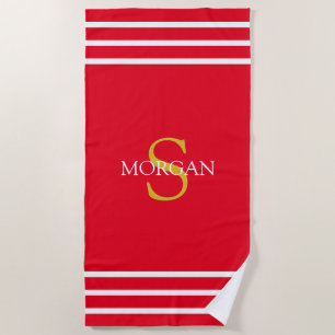 Gold Monogram/White Name White Stripes, Red Beach Towel