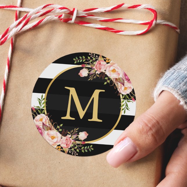 Gold Monogram with Black White Striped Floral Deco Classic Round Sticker (Creator Uploaded)