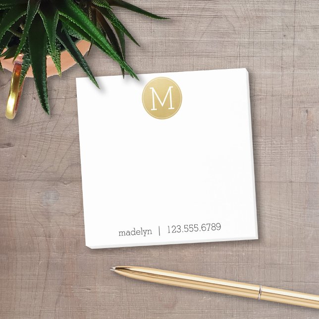 Gold Monogram with name and contact number Post-it Notes (Add your monogram to these personalized post-it notes with social media contact info.)