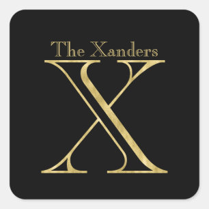 Gold Monogram X and Name on Any Colour Square Sticker