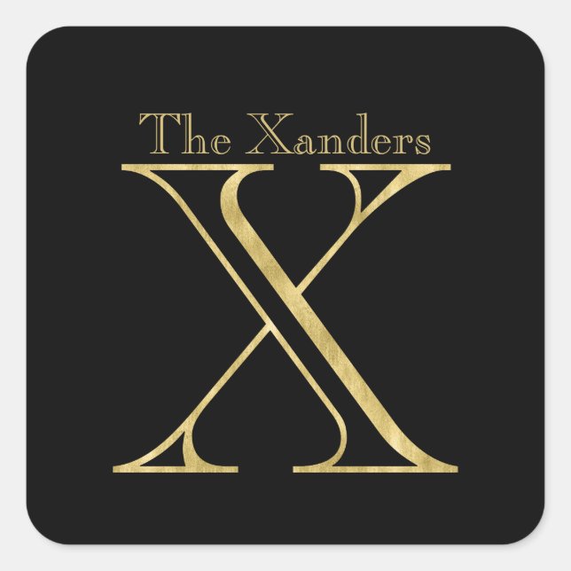 Gold Monogram X and Name on Any Colour Square Sticker (Front)