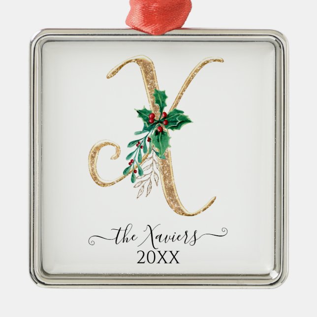 Gold Monogram X Glitter Christmas Holly Foliage Metal Tree Decoration (Front)