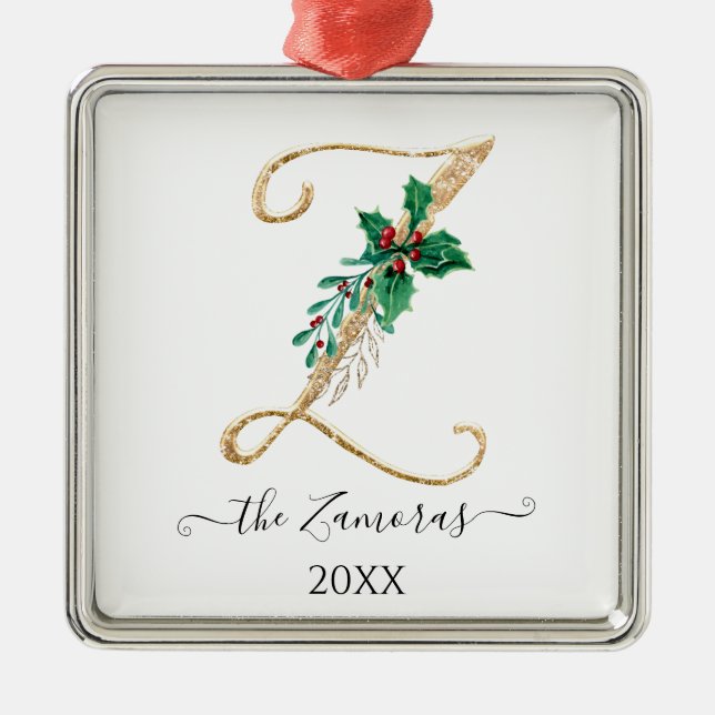 Gold Monogram Z Glitter Christmas Holly Foliage Metal Tree Decoration (Front)