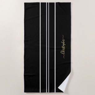 Gold Monogrammed Black White Racing Stripes Pool Beach Towel