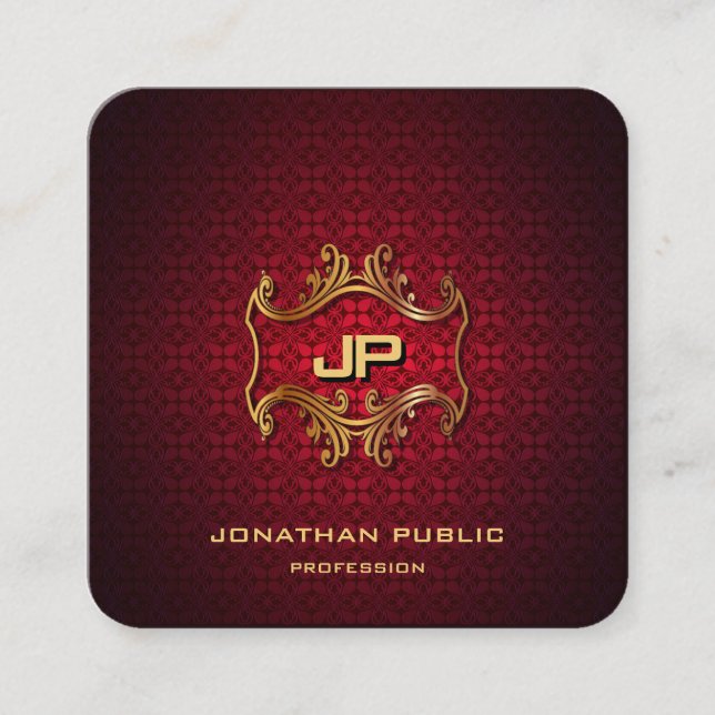 Gold Monogrammed Elegant Red Damask Professional Square Business Card (Front)
