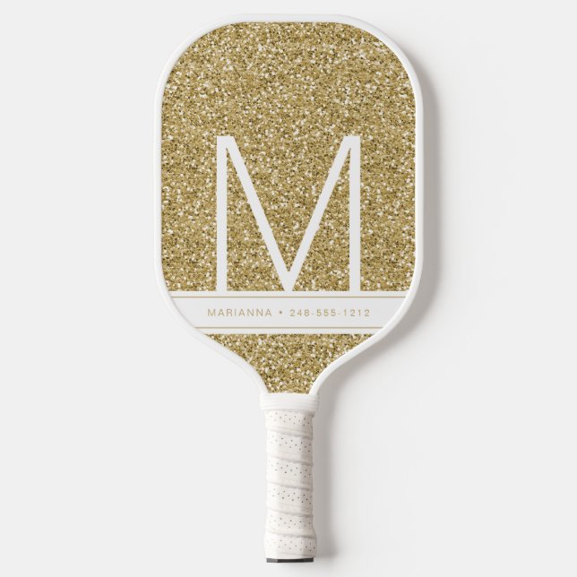 Gold Monogrammed Glitter Personalised Initial Pickleball Paddle (Front)