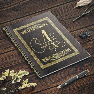 Gold Monogrammed Letter A on Dark Brown Leather Notebook
