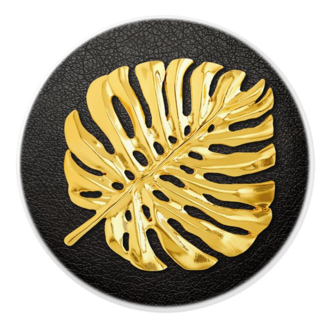 Gold Monstera Ceramic Knob (Front)