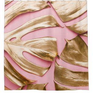 Gold Monstera Leaves: Pastel Pink. Shower Curtain