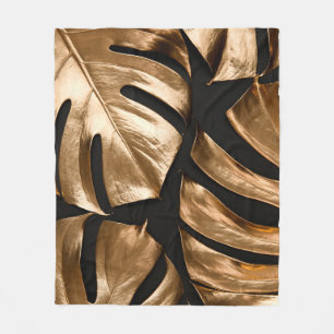 Gold monstera leaves pattern fleece blanket