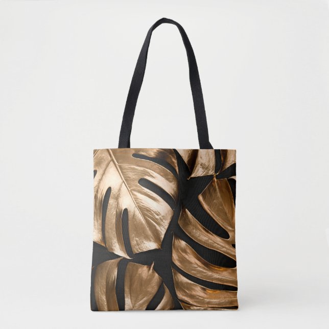 Gold monstera leaves pattern tote bag (Front)