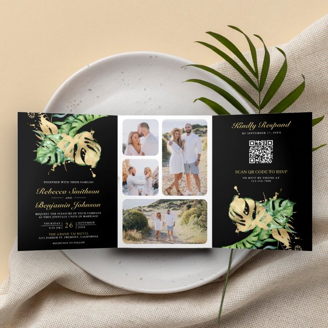 Gold Monstera Tropical Palm Black QR Code Wedding Tri-Fold Invitation (Creator Uploaded)