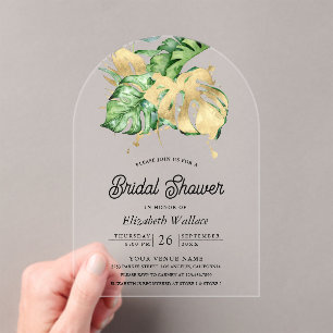 Gold Monstera Tropical Palm Bridal Shower Acrylic Invitations