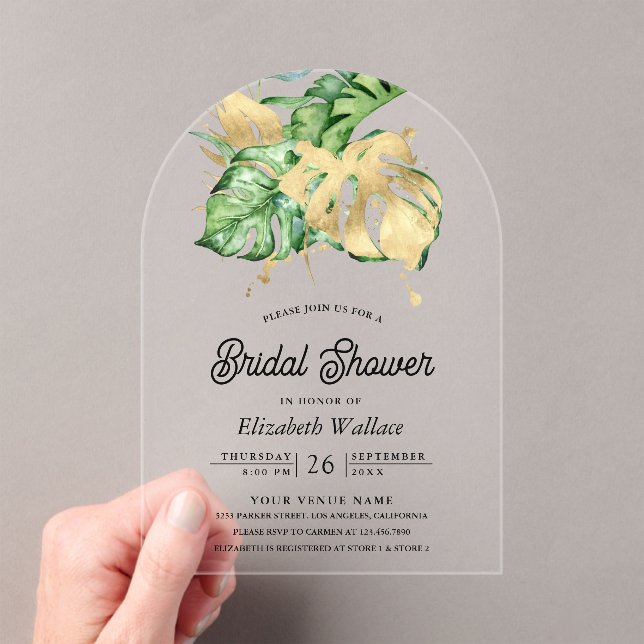 Gold Monstera Tropical Palm Bridal Shower Acrylic Invitations (Insitu (Handheld))