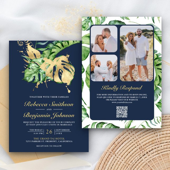 Gold Monstera Tropical Palm QR Code Navy Wedding Invitation (Creator Uploaded)