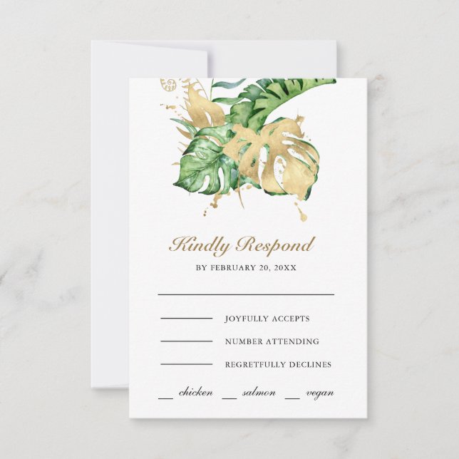 Gold Monstera Tropical Palm Wedding RSVP Card (Front)
