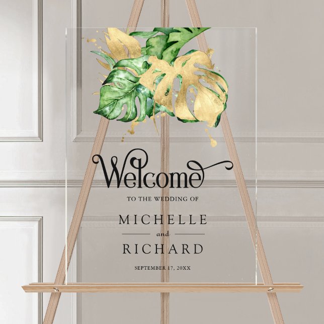 Gold Monstera Tropical Palm Wedding Welcome Acrylic Sign (Creator Uploaded)