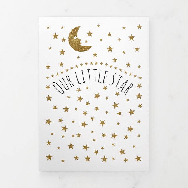 Gold Moon and Stars, 3 Photo Collage Baby Birth Tri-Fold Announcement (Cover)