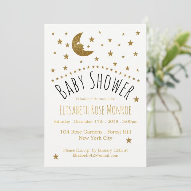 Gold Moon and Stars Baby Shower Invitation (Standing Front)