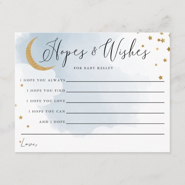 Gold Moon and Stars Blue Baby Shower Advice Card (Front)