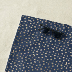 Gold Moon and Stars Night Sky Beach Towel