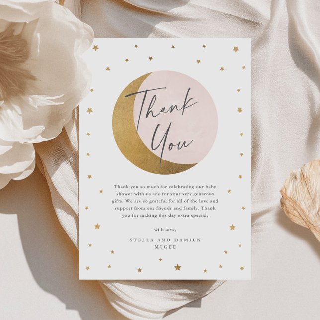 Gold Moon and Stars Pink Baby Shower Thank You  Card (Elegant Gold Moon and Stars Script Pink Baby Shower Thank You Card.)