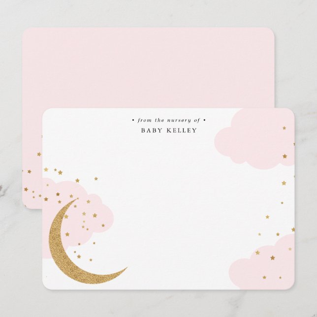 Gold Moon and Stars, Pink Clouds Baby Flat Card (Front/Back)