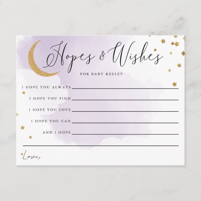Gold Moon and Stars Purple Baby Shower Advice Card (Front)