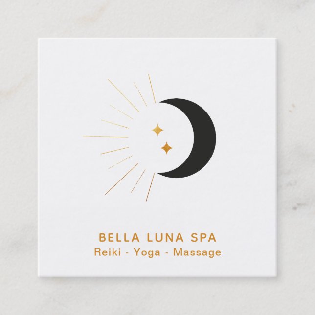 *~* Gold Moon Beams Crescent Moon Twinkle Stars Square Business Card (Front)