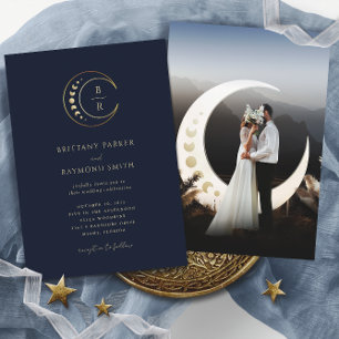 Gold Moon Blue Celestial Wedding Invitation