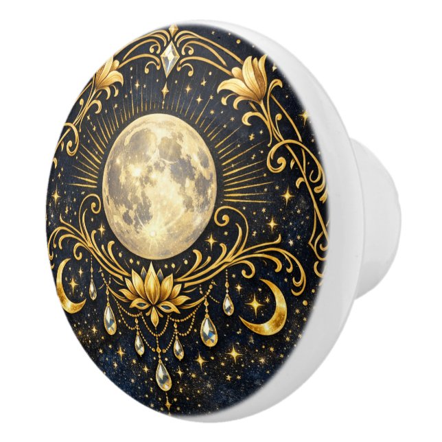 Gold Moon Celestial Lotus Art Design Ceramic Knob (Right)