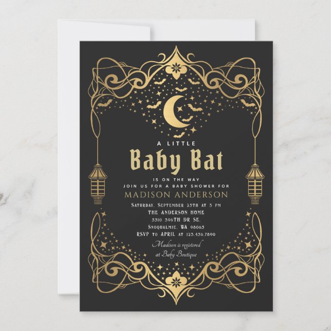 Gold Moon Gothic Baby Bat Lantern Baby Shower Invitation (Front)