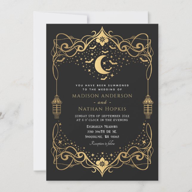 Gold Moon Gothic Bats Lantern Wedding  Invitation (Front)