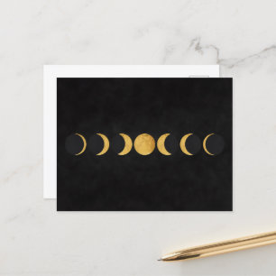 Gold moon phases black textured background postcard