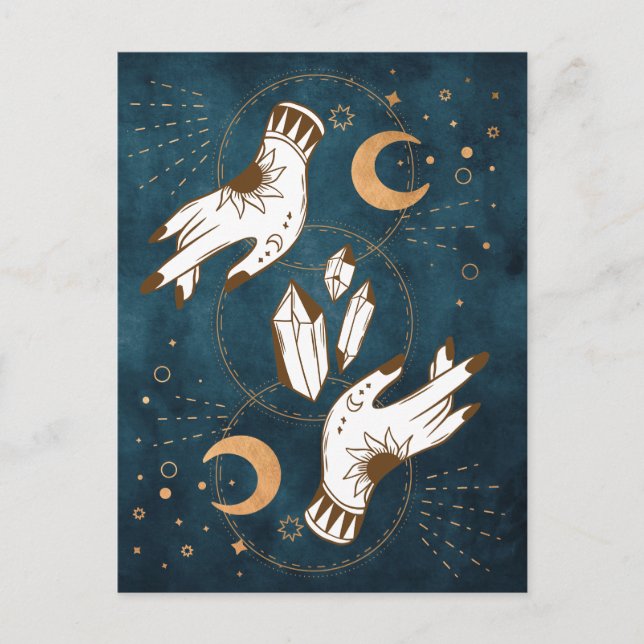 Gold moon phases crystals henna tattoo hands blue postcard (Front)