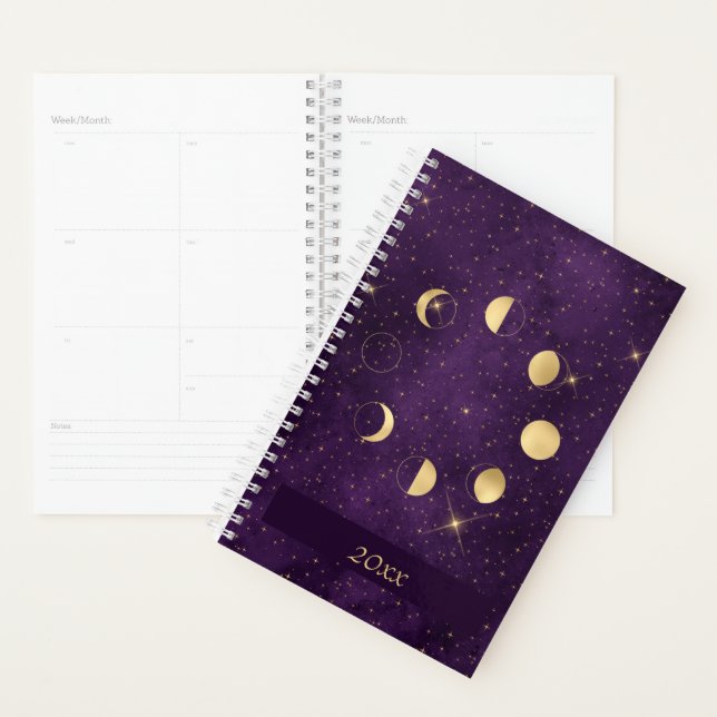 Gold Moon Phases on Purple Stars Planner (Display)