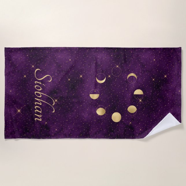Gold Moon Phases Purple Stars Personalised Beach Towel (Front)