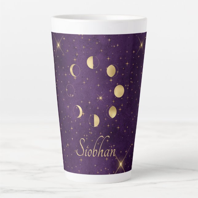 Gold Moon Phases Purple Stars Personalised Latte Mug (Front)