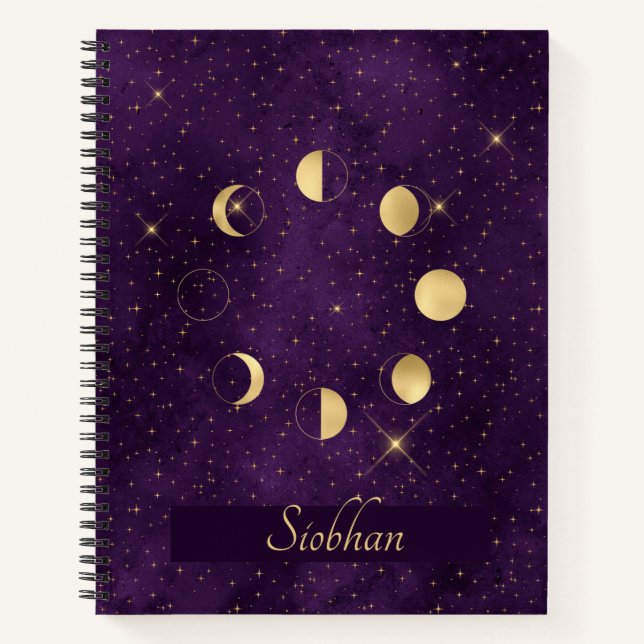 Gold Moon Phases Purple Stars Personalised Sketch Notebook (Front)